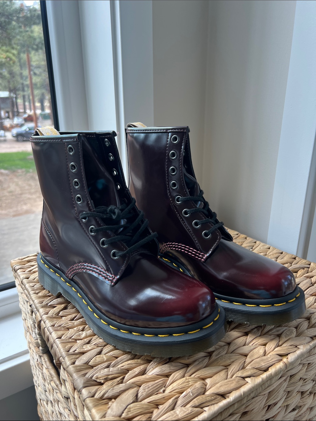 Never Worn Dr. Martens Cherry Red Patent Leather 8-Eye Combat Boots